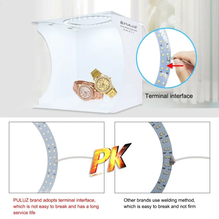 PULUZ 23公分環形 LED 面板折疊便攜燈光攝影棚拍攝帳篷套件，附 6 色背景布（黑、白、黃、紅、綠、藍），展開尺寸：24公分 x 23公分 x 23公分，23公分環形 LED 面板
