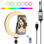 PULUZ 7.9 吋 20cm USB RGB 可調光雙色溫 LED 曲面環形直播自拍攝影視頻燈，附手機夾，7.9 吋 RGBW