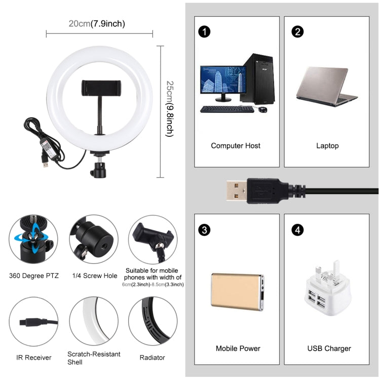 PULUZ 7.9 吋 20cm USB RGB 可調光雙色溫 LED 曲面環形直播自拍攝影視頻燈，附手機夾，7.9 吋 RGBW