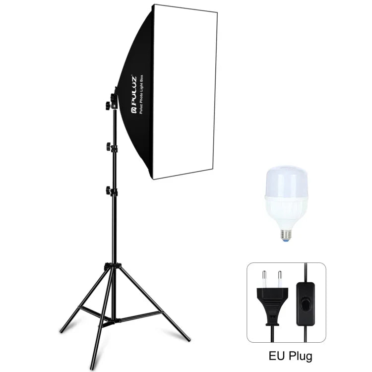 PULUZ 50x70cm 攝影棚柔光箱 + 2米三腳架安裝座 + 單顆 220V E27 30W 5700K 白光 LED 燈泡攝影套件，單燈 EU 插頭，單燈 US 插頭