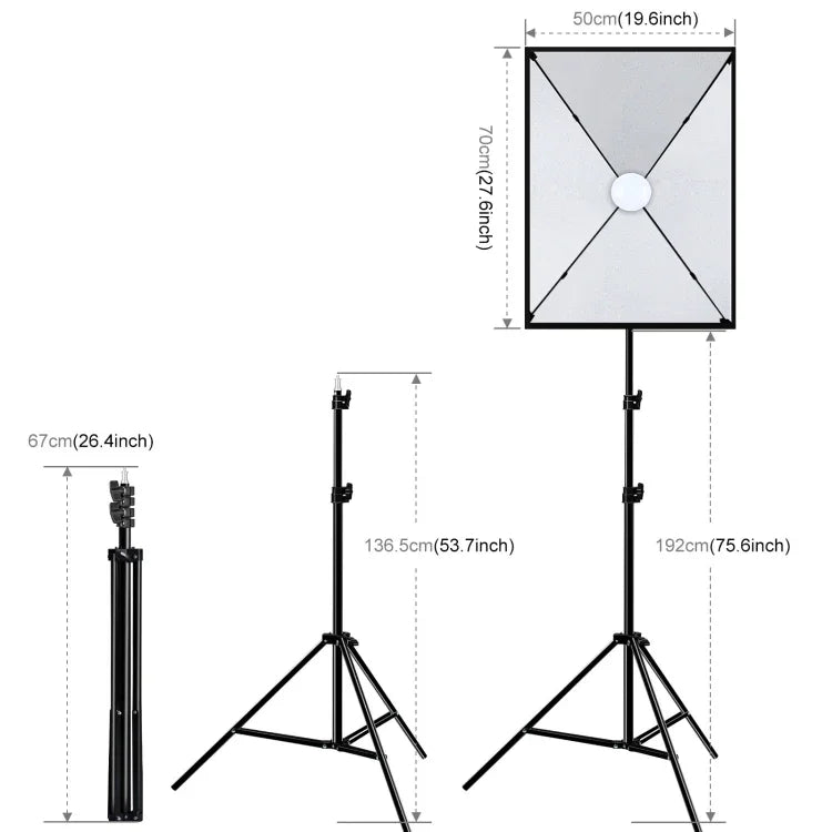 PULUZ 50x70cm 攝影棚柔光箱 + 2米三腳架安裝座 + 單顆 220V E27 30W 5700K 白光 LED 燈泡攝影套件，單燈 EU 插頭，單燈 US 插頭