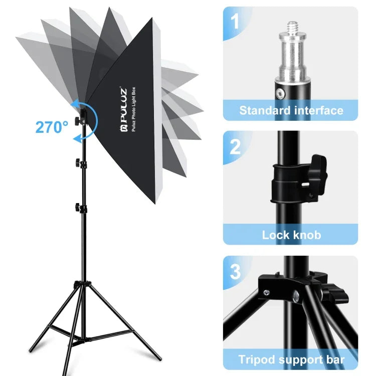 PULUZ 50x70cm 攝影棚柔光箱 + 2米三腳架安裝座 + 單顆 220V E27 30W 5700K 白光 LED 燈泡攝影套件，單燈 EU 插頭，單燈 US 插頭