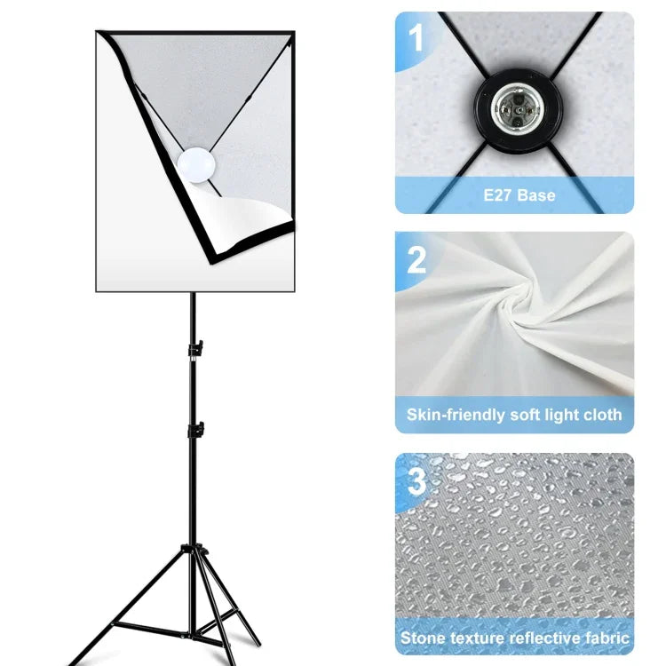 PULUZ 50x70cm 攝影棚柔光箱 + 2米三腳架安裝座 + 單顆 220V E27 30W 5700K 白光 LED 燈泡攝影套件，單燈 EU 插頭，單燈 US 插頭