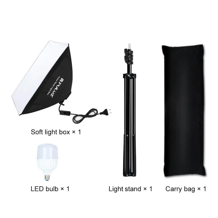 PULUZ 50x70cm 攝影棚柔光箱 + 2米三腳架安裝座 + 單顆 220V E27 30W 5700K 白光 LED 燈泡攝影套件，單燈 EU 插頭，單燈 US 插頭