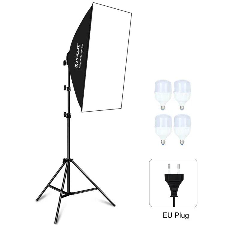 PULUZ 50x70cm 攝影棚柔光箱 + 2米三腳架安裝座 + 4 顆 220V E27 20W 5700K 白光 LED 燈泡攝影照明套件，4 顆燈 EU 插頭，4 顆燈 US 插頭