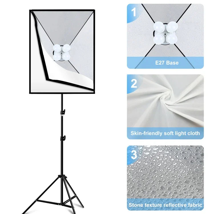 PULUZ 50x70cm 攝影棚柔光箱 + 2米三腳架安裝座 + 4 顆 220V E27 20W 5700K 白光 LED 燈泡攝影照明套件，4 顆燈 EU 插頭，4 顆燈 US 插頭