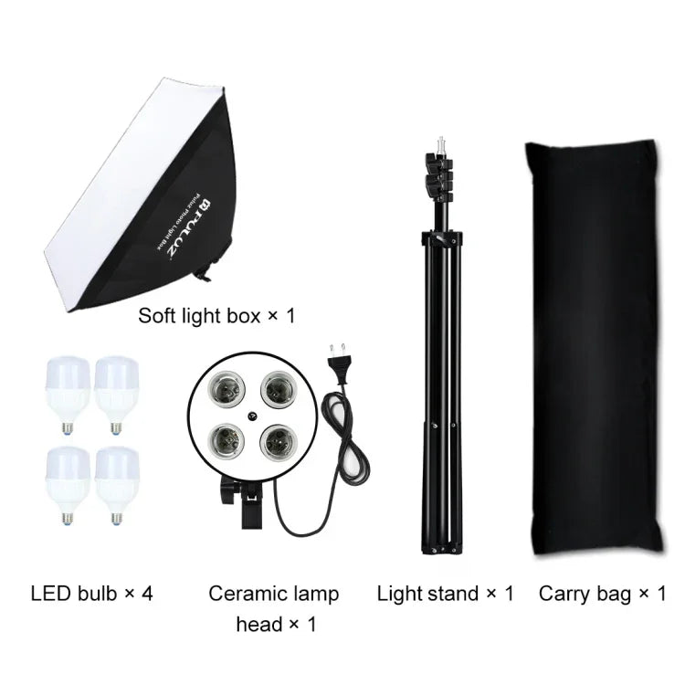 PULUZ 50x70cm 攝影棚柔光箱 + 2米三腳架安裝座 + 4 顆 220V E27 20W 5700K 白光 LED 燈泡攝影照明套件，4 顆燈 EU 插頭，4 顆燈 US 插頭