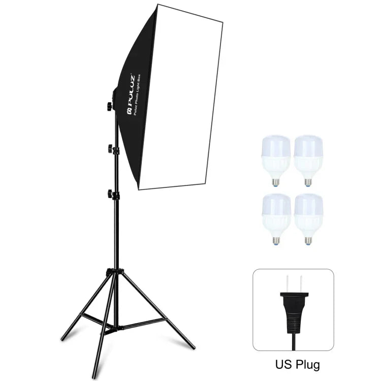 PULUZ 50x70cm 攝影棚柔光箱 + 2米三腳架安裝座 + 4 顆 220V E27 20W 5700K 白光 LED 燈泡攝影照明套件，4 顆燈 EU 插頭，4 顆燈 US 插頭