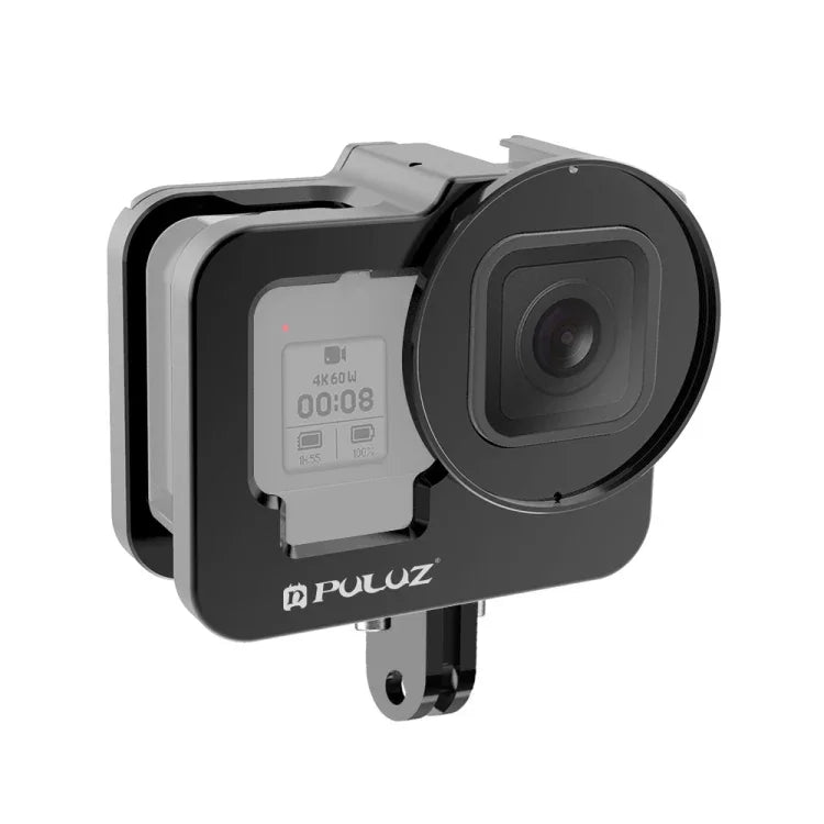 PULUZ GoPro HERO13 Black /12 Black /11 Black /10 Black /9 Black 加厚保護殼 CNC 鋁合金保護籠附保險框及 52mm UV 鏡片，適用 GoPro HERO9 Black 加厚款