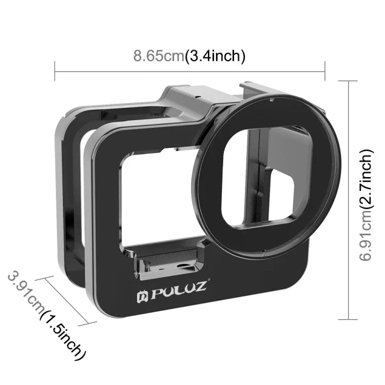 PULUZ GoPro HERO13 Black /12 Black /11 Black /10 Black /9 Black 加厚保護殼 CNC 鋁合金保護籠附保險框及 52mm UV 鏡片，適用 GoPro HERO9 Black 加厚款