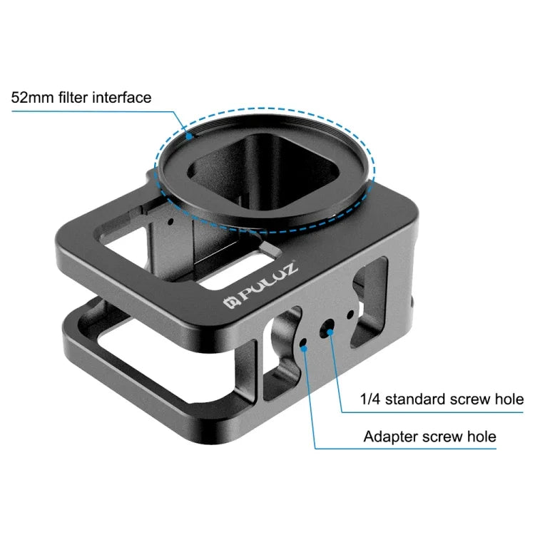 PULUZ GoPro HERO13 Black /12 Black /11 Black /10 Black /9 Black 加厚保護殼 CNC 鋁合金保護籠附保險框及 52mm UV 鏡片，適用 GoPro HERO9 Black 加厚款