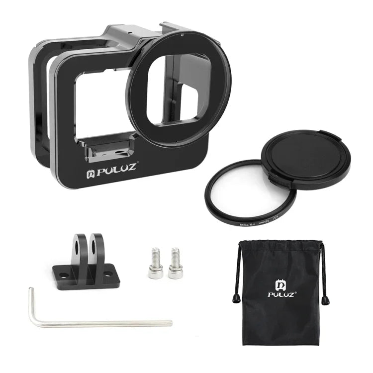 PULUZ GoPro HERO13 Black /12 Black /11 Black /10 Black /9 Black 加厚保護殼 CNC 鋁合金保護籠附保險框及 52mm UV 鏡片，適用 GoPro HERO9 Black 加厚款