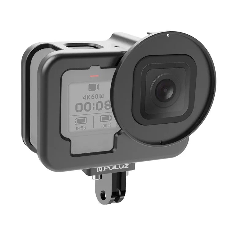適用 GoPro HERO13 Black /12 Black /11 Black /10 Black /9 Black PULUZ 薄型保護殼 CNC 鋁合金保護籠附保險框及 52mm UV 鏡片，適用 GoPro HERO9 Black 薄型款