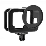適用 GoPro HERO13 Black /12 Black /11 Black /10 Black /9 Black PULUZ 薄型保護殼 CNC 鋁合金保護籠附保險框及 52mm UV 鏡片，適用 GoPro HERO9 Black 薄型款