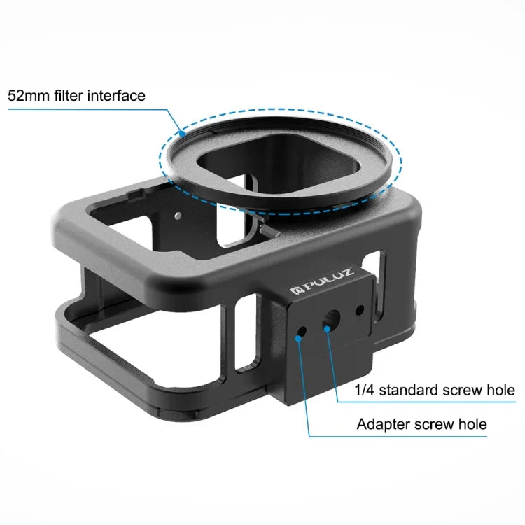 適用 GoPro HERO13 Black /12 Black /11 Black /10 Black /9 Black PULUZ 薄型保護殼 CNC 鋁合金保護籠附保險框及 52mm UV 鏡片，適用 GoPro HERO9 Black 薄型款