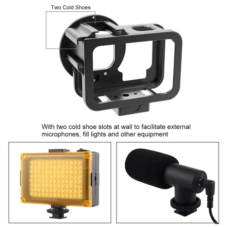適用 GoPro HERO13 Black /12 Black /11 Black /10 Black /9 Black PULUZ 薄型保護殼 CNC 鋁合金保護籠附保險框及 52mm UV 鏡片，適用 GoPro HERO9 Black 薄型款