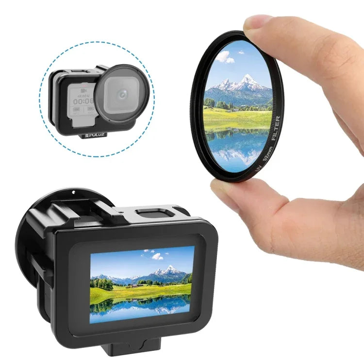 適用 GoPro HERO13 Black /12 Black /11 Black /10 Black /9 Black PULUZ 薄型保護殼 CNC 鋁合金保護籠附保險框及 52mm UV 鏡片，適用 GoPro HERO9 Black 薄型款