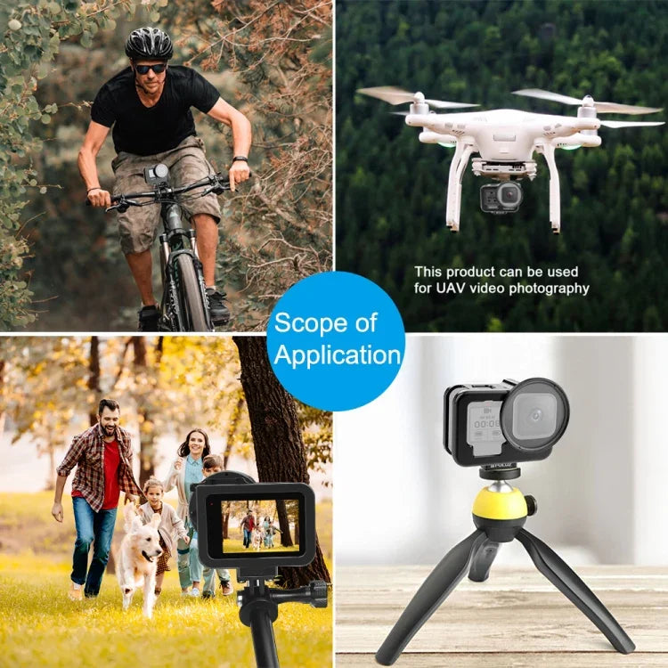 適用 GoPro HERO13 Black /12 Black /11 Black /10 Black /9 Black PULUZ 薄型保護殼 CNC 鋁合金保護籠附保險框及 52mm UV 鏡片，適用 GoPro HERO9 Black 薄型款