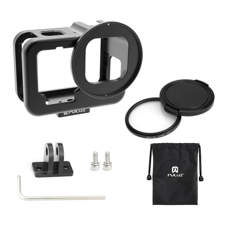 適用 GoPro HERO13 Black /12 Black /11 Black /10 Black /9 Black PULUZ 薄型保護殼 CNC 鋁合金保護籠附保險框及 52mm UV 鏡片，適用 GoPro HERO9 Black 薄型款