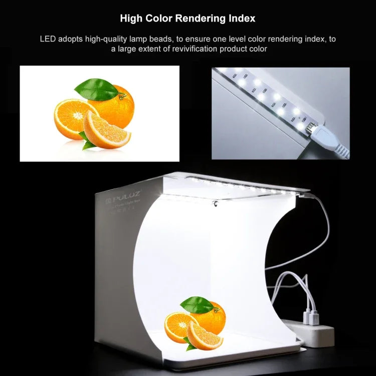 PULUZ 迷你 LED 攝影無影燈燈板 + 攝影棚帳篷盒，壓克力材質，有效面積 20公分 x 20公分，20公分（2 LED）+ 無影燈