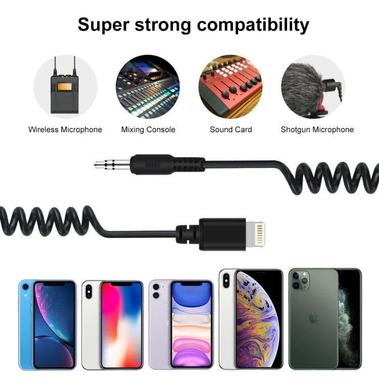 PULUZ 3.5mm TRRS 公轉 8 針公直播麥克風音頻轉接彈簧線，適用 iPhone，線長可伸展至 100cm，3.5mm 公轉 8 針
