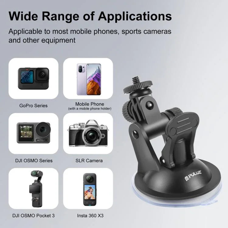 PULUZ 車用吸盤支架，附螺絲及三腳架安裝轉接座與收納袋，適用 GoPro、Insta360、DJI 及其他運動相機，吸盤支架