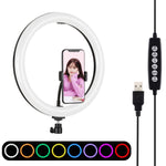 PULUZ 11.8 吋 30cm 曲面 USB 10 模式 8 色 RGBW 可調光 LED 環形直播攝影視頻燈，附三腳架球頭及手機夾，11.8 吋按鈕控制