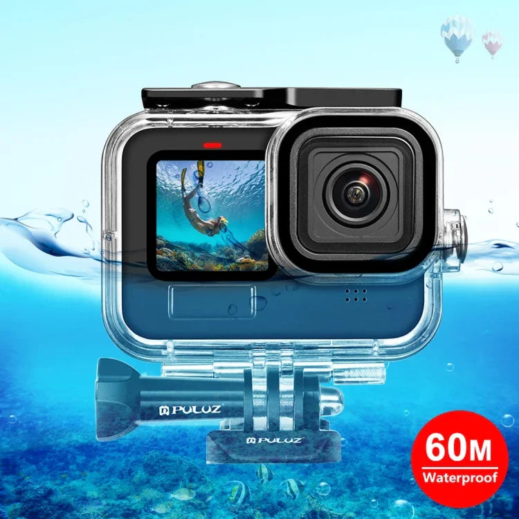 適用於 GoPro HERO13 Black /12 Black /11 Black /10 Black /9 Black 的 PULUZ 60 米防水保護殼，附扣環基本支架與螺絲，適用於 GoPro HERO9 Black