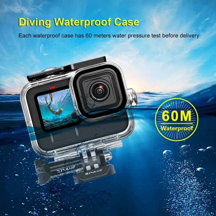 適用於 GoPro HERO13 Black /12 Black /11 Black /10 Black /9 Black 的 PULUZ 60 米防水保護殼，附扣環基本支架與螺絲，適用於 GoPro HERO9 Black