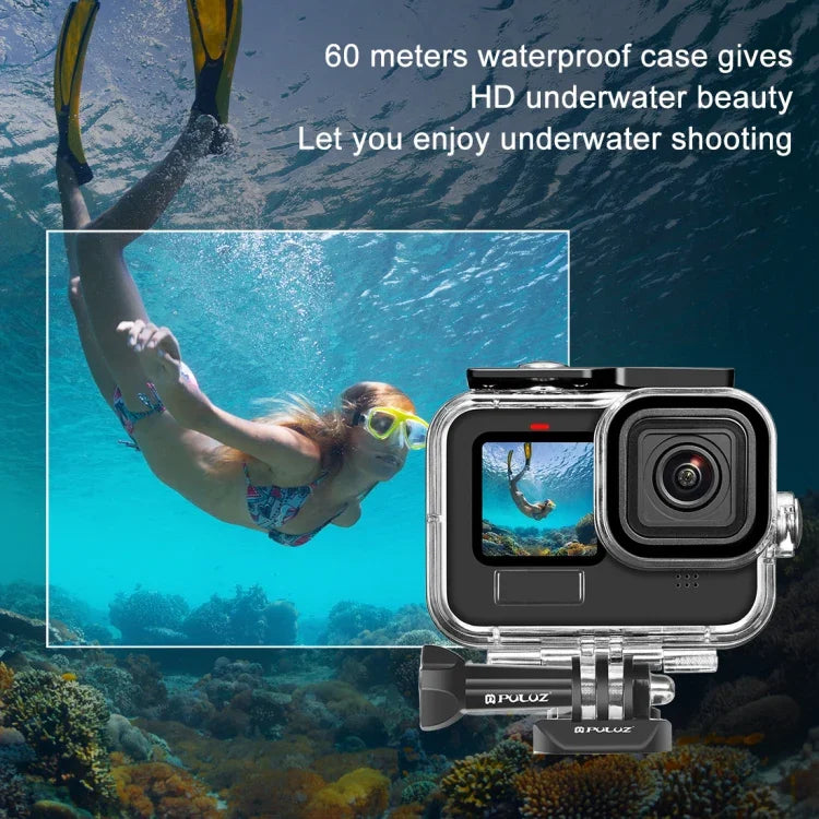 適用於 GoPro HERO13 Black /12 Black /11 Black /10 Black /9 Black 的 PULUZ 60 米防水保護殼，附扣環基本支架與螺絲，適用於 GoPro HERO9 Black