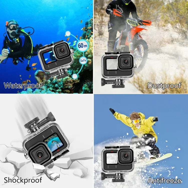 適用於 GoPro HERO13 Black /12 Black /11 Black /10 Black /9 Black 的 PULUZ 60 米防水保護殼，附扣環基本支架與螺絲，適用於 GoPro HERO9 Black