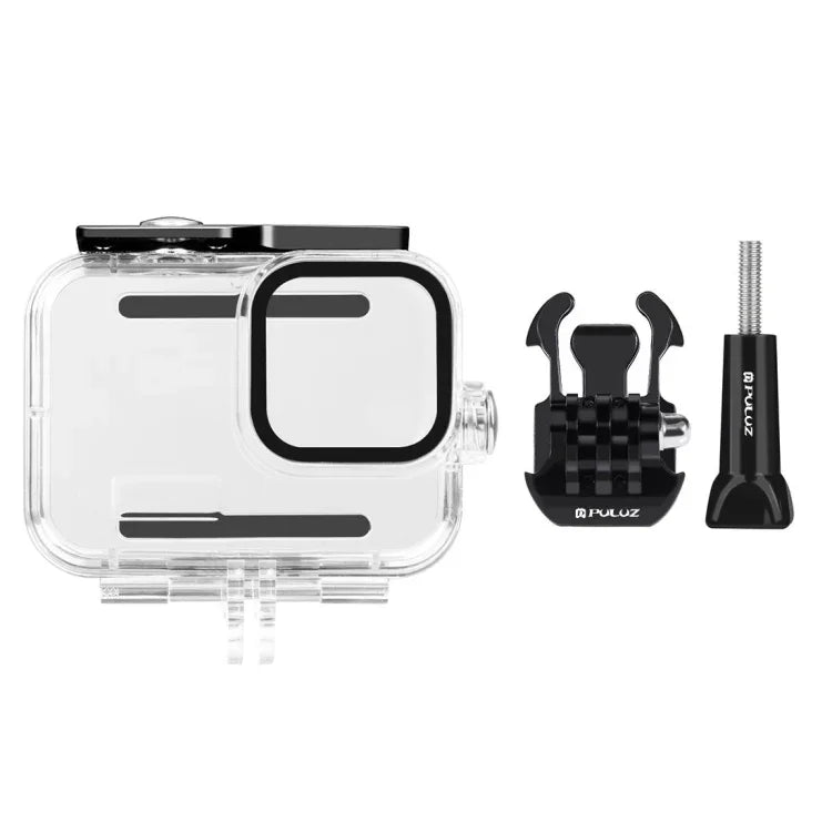 適用於 GoPro HERO13 Black /12 Black /11 Black /10 Black /9 Black 的 PULUZ 60 米防水保護殼，附扣環基本支架與螺絲，適用於 GoPro HERO9 Black