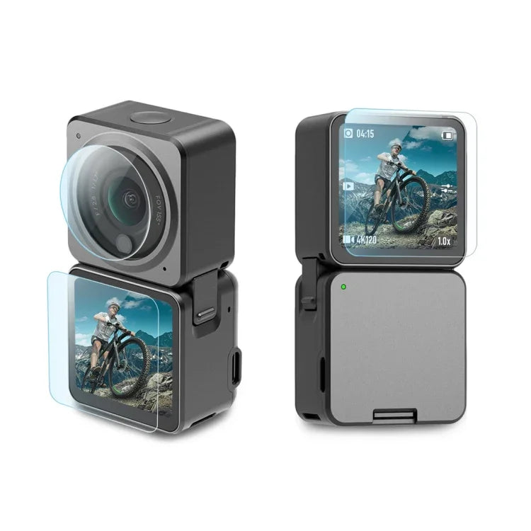 PULUZ 3 合 1 鏡頭 + 前後 LCD 顯示螢幕 9H 2.5D 鋼化玻璃保護貼，適用於 DJI Action 2，鏡頭螢幕保護貼