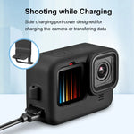 PULUZ 適用於 GoPro HERO12 Black /11 Black /10 Black /9 Black 矽膠保護殼 + POM 側面接口蓋，附手腕帶與鏡頭蓋，適用於 GoPro HERO12 Black 矽膠殼 + 側蓋