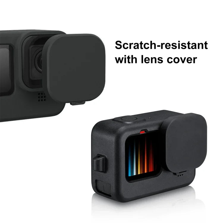 PULUZ 適用於 GoPro HERO12 Black /11 Black /10 Black /9 Black 矽膠保護殼 + POM 側面接口蓋，附手腕帶與鏡頭蓋，適用於 GoPro HERO12 Black 矽膠殼 + 側蓋