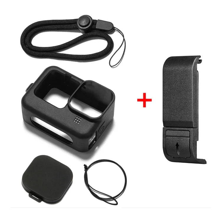 PULUZ 適用於 GoPro HERO12 Black /11 Black /10 Black /9 Black 矽膠保護殼 + POM 側面接口蓋，附手腕帶與鏡頭蓋，適用於 GoPro HERO12 Black 矽膠殼 + 側蓋