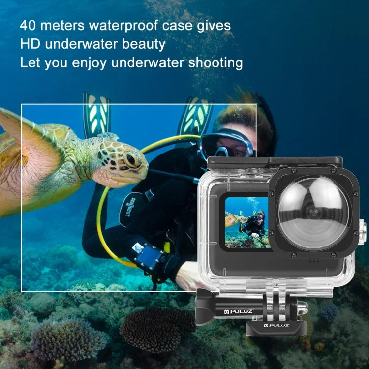PULUZ 40米防水外殼保護套，帶扣環基本安裝座及螺絲，適用於 GoPro HERO12 Black / 11 Black / 11 Black Mini / 10 Black / 9 Black Max 鏡頭模組，GoPro Hero11 Black / HERO10 Black 專用