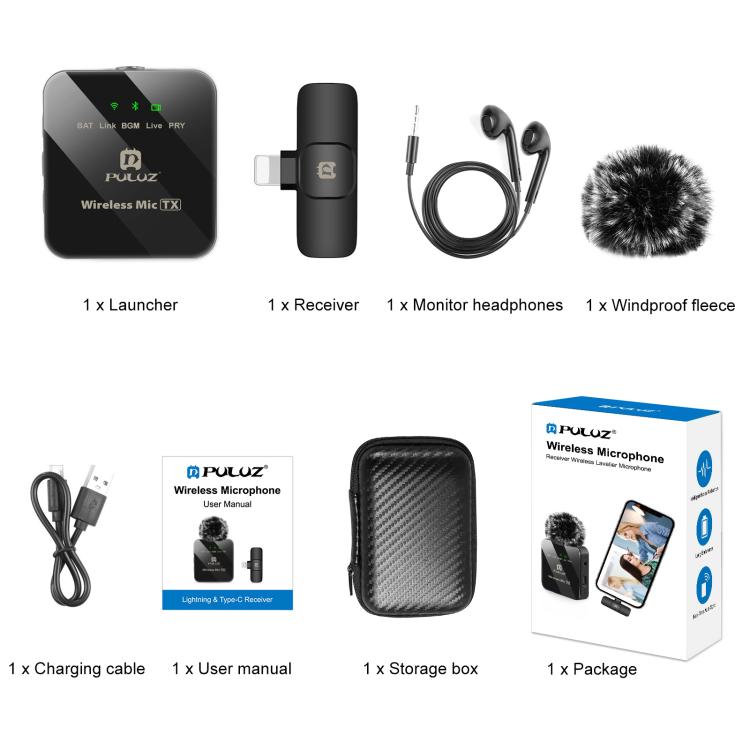 PULUZ 無線領夾麥克風，適用 iPhone / iPad，8 針接收器，8 針 1 發射 + 1 接收