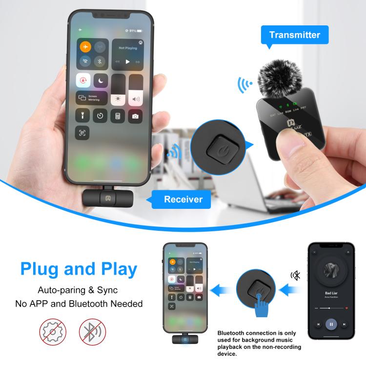 PULUZ 無線領夾麥克風，適用 iPhone / iPad，8 針接收器，8 針 1 發射 + 1 接收