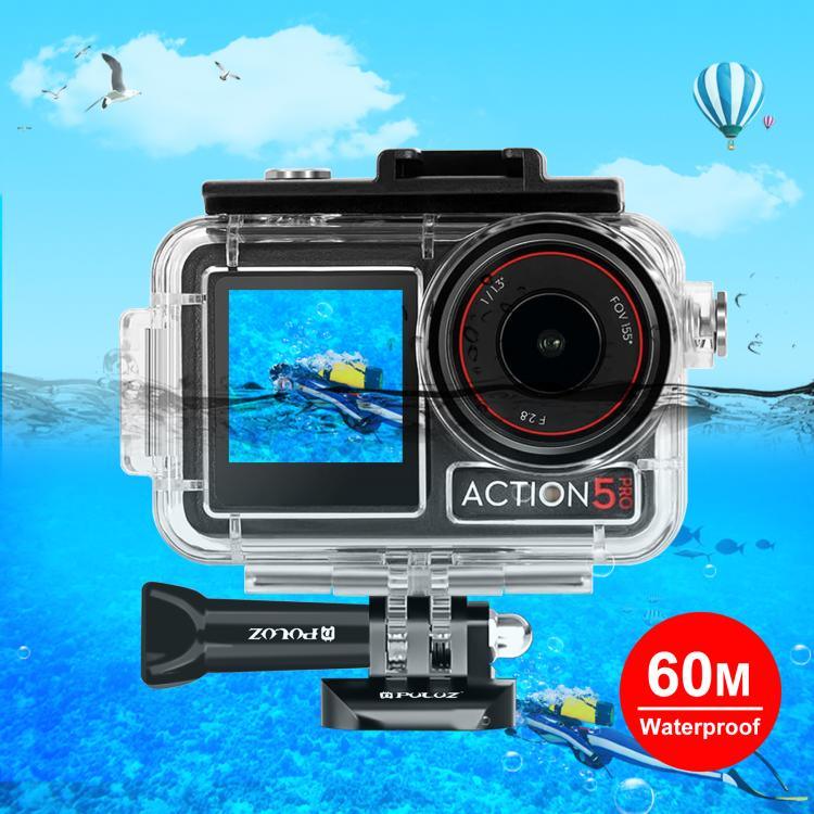 適用於 DJI Osmo Action 5 Pro / 3 / 4 PULUZ 60米水下防水殼潛水盒，帶冷靴與扣件基本支架與螺絲，適用於 DJI Osmo Action 3 / 4 防水殼