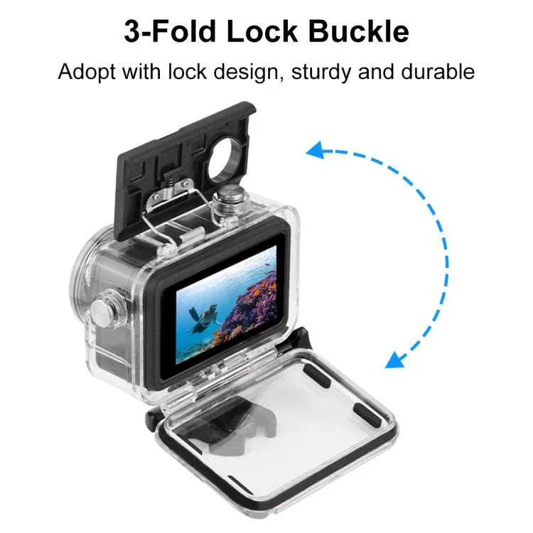 適用於 DJI Osmo Action 5 Pro / 3 / 4 PULUZ 60米水下防水殼潛水盒，帶冷靴與扣件基本支架與螺絲，適用於 DJI Osmo Action 3 / 4 防水殼