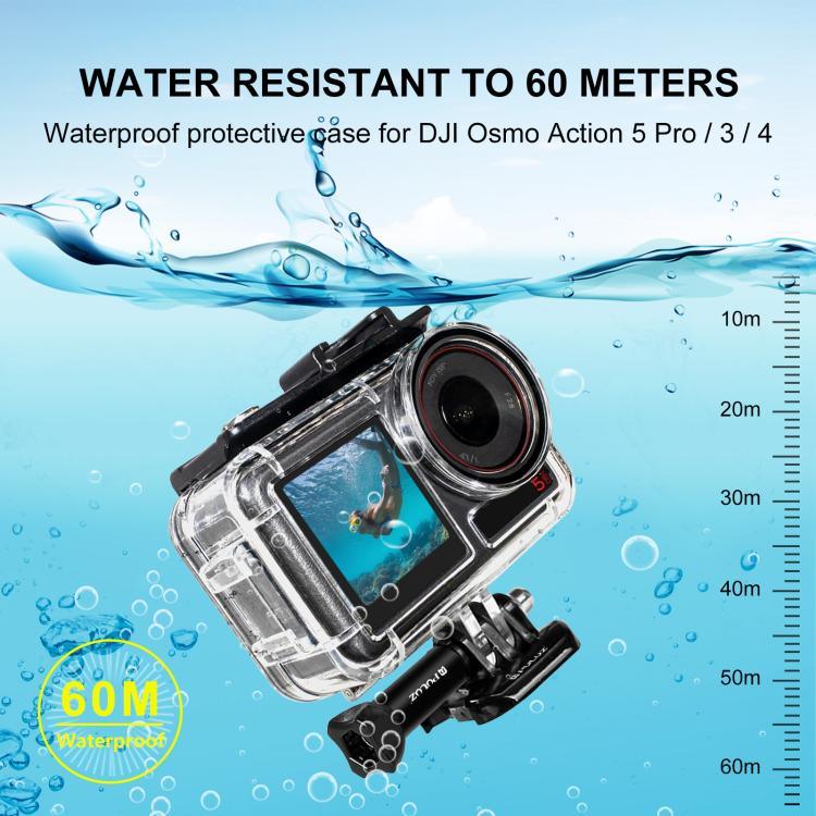 適用於 DJI Osmo Action 5 Pro / 3 / 4 PULUZ 60米水下防水殼潛水盒，帶冷靴與扣件基本支架與螺絲，適用於 DJI Osmo Action 3 / 4 防水殼