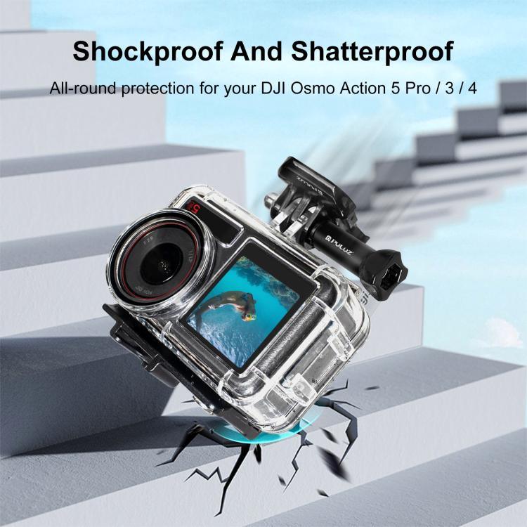 適用於 DJI Osmo Action 5 Pro / 3 / 4 PULUZ 60米水下防水殼潛水盒，帶冷靴與扣件基本支架與螺絲，適用於 DJI Osmo Action 3 / 4 防水殼