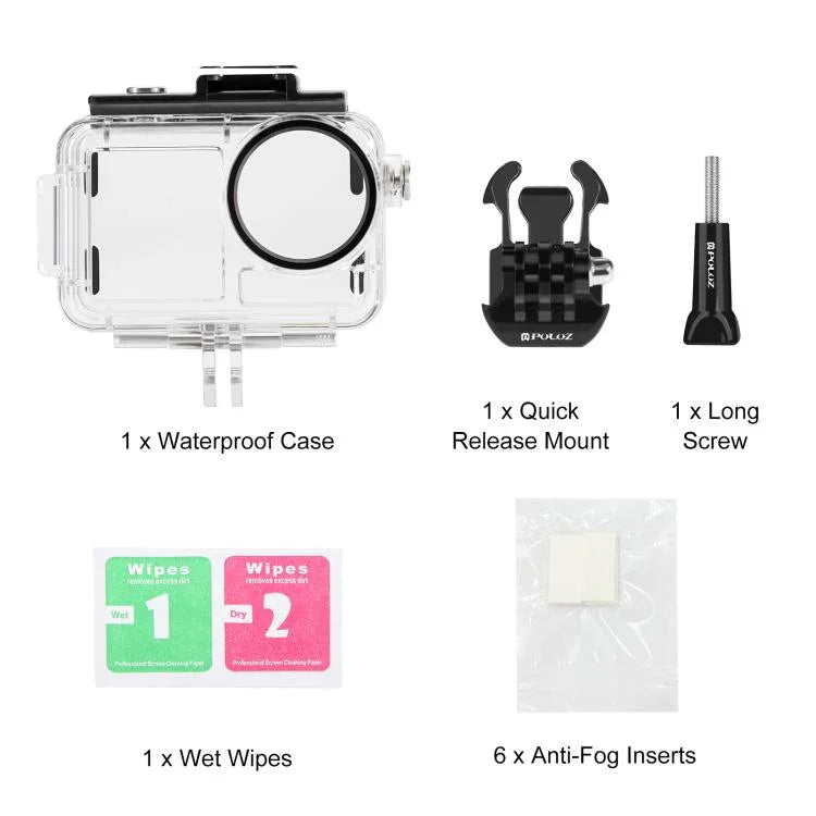 適用於 DJI Osmo Action 5 Pro / 3 / 4 PULUZ 60米水下防水殼潛水盒，帶冷靴與扣件基本支架與螺絲，適用於 DJI Osmo Action 3 / 4 防水殼