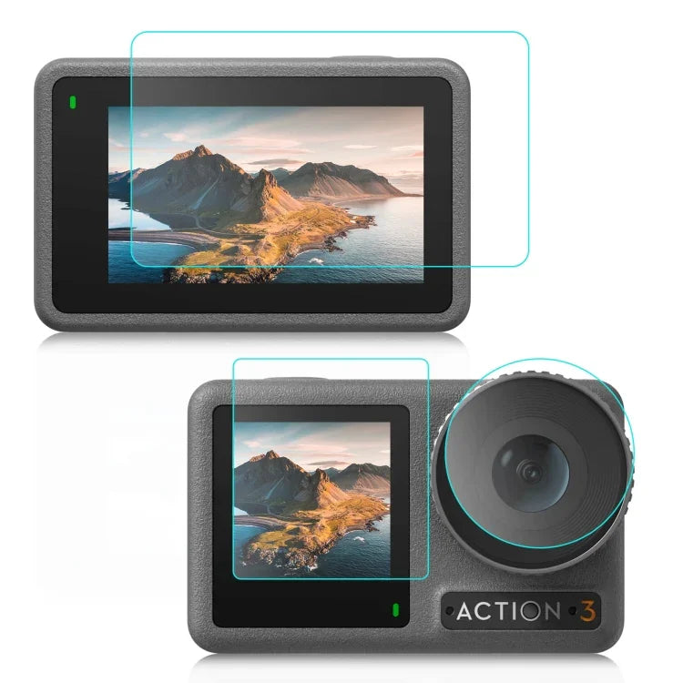 適用於 DJI Osmo Action 3 PULUZ 3合1 鏡頭前後螢幕鋼化玻璃防爆膜，適用於 DJI Osmo Action 3
