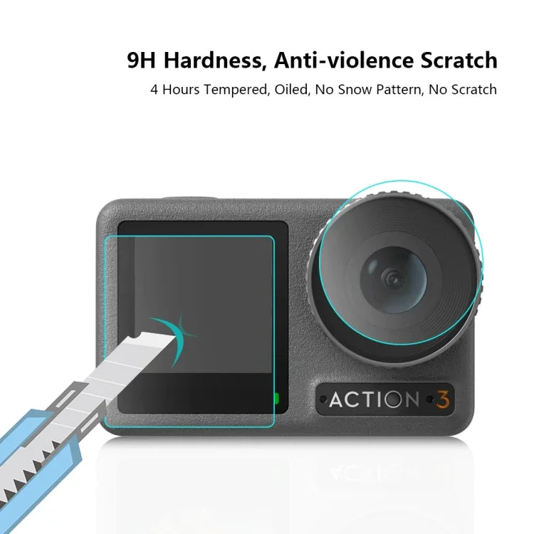 適用於 DJI Osmo Action 3 PULUZ 3合1 鏡頭前後螢幕鋼化玻璃防爆膜，適用於 DJI Osmo Action 3