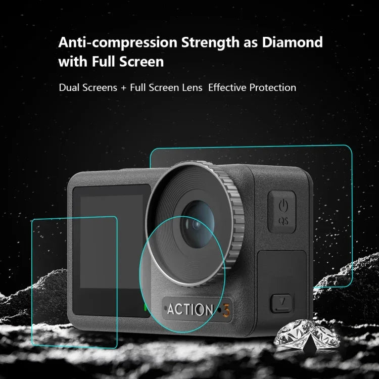 適用於 DJI Osmo Action 3 PULUZ 3合1 鏡頭前後螢幕鋼化玻璃防爆膜，適用於 DJI Osmo Action 3