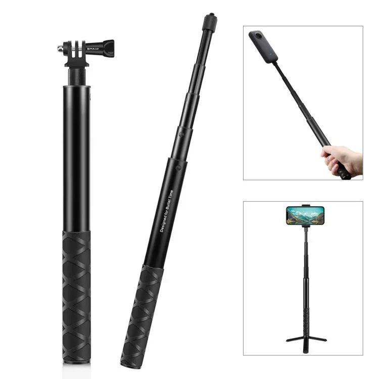PULUZ 110 公分金屬自拍棒單腳架，附隱形轉接底座與螺絲，適用於 Insta360 One RS / X2 / X3 / X4 / DJI Osmo 360，110 公分單腳架
