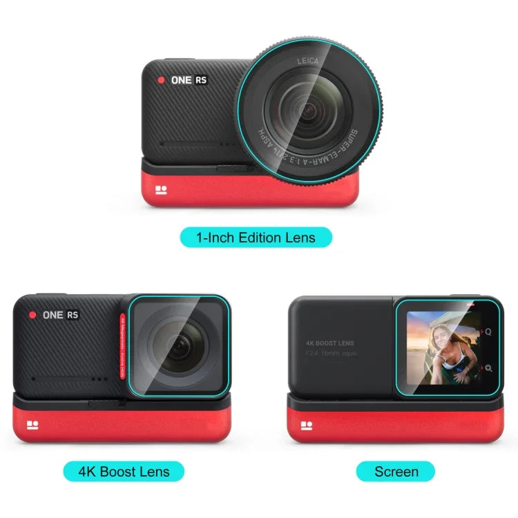 適用於Insta360 One RS PULUZ 3合1螢幕+4K鏡頭+Leica鏡頭鋼化玻璃膜，適用Insta360 One RS
