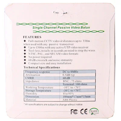 2 個 被動 UTP 網路視訊巴倫 CAT5 至攝影機 監控 BNC DVR O-612, 206C